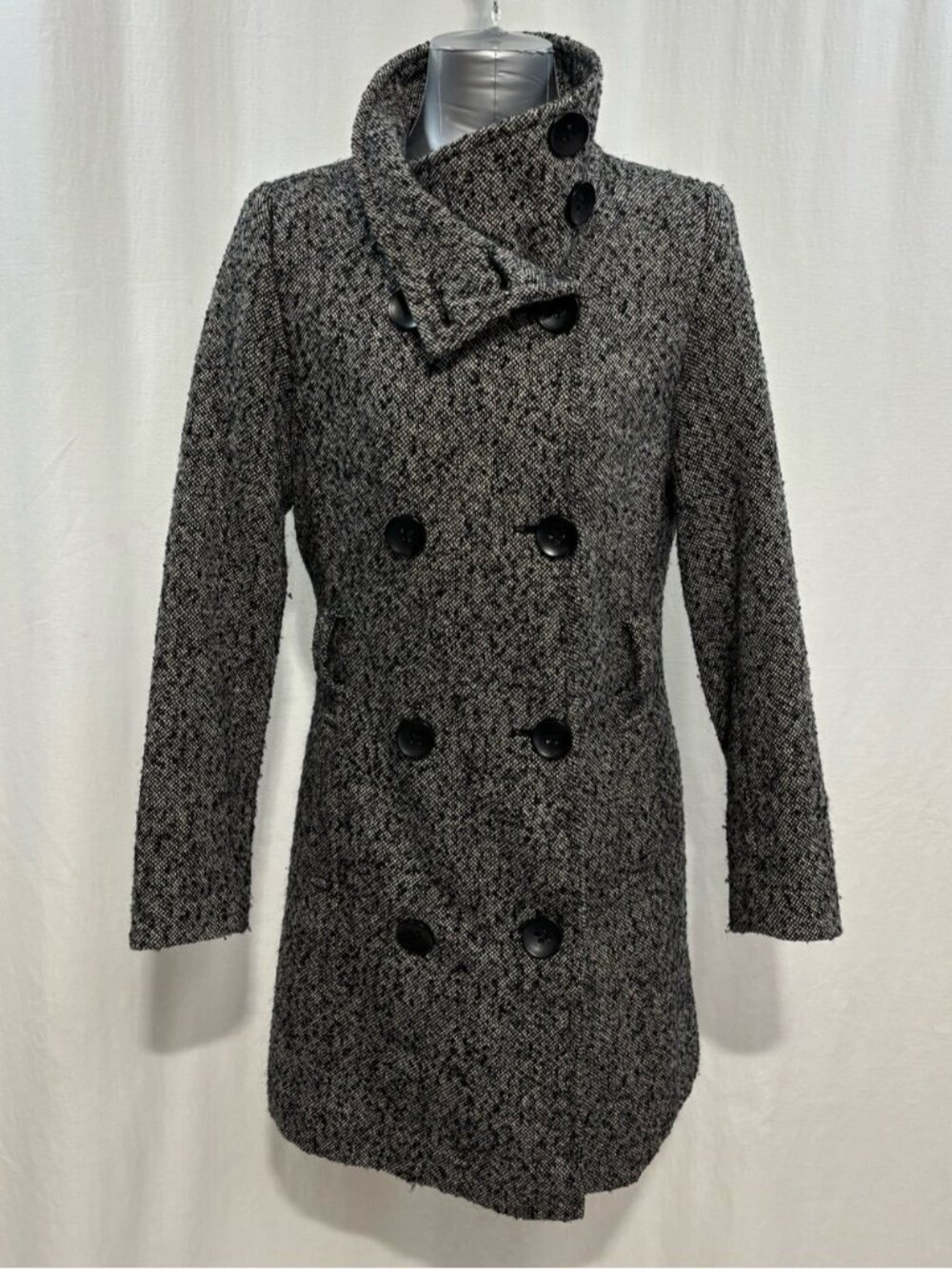 Mexx Women's Black & White Textured Double-Breasted Pea Coat - missing belt